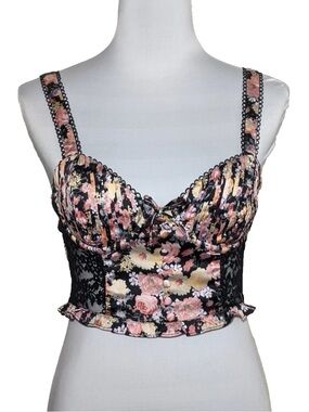 For Love & Lemons Floral Lace Bustier Crop Top Black Pink Floral Festival
